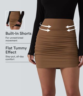 Rifluð 2-í-1 mini bodycon partýpils — há í mitti, með kviðstýringu, rynkuð og með bogaða brún.