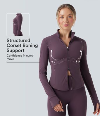 Halara UltraSculpt™ Stehkragen Push-Up Langarm Yoga Jacke mit Daumenloch und Taschen