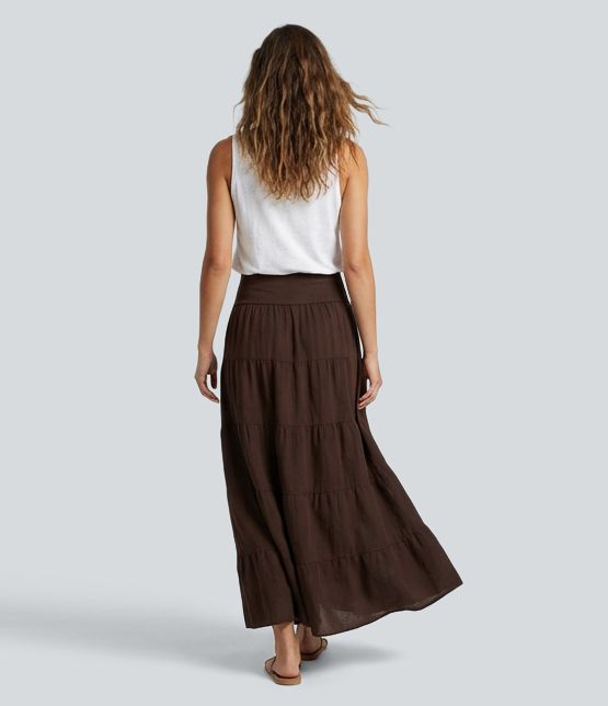 Mid Rise Maxi Flowy Casual Tiered Skirt with Pockets