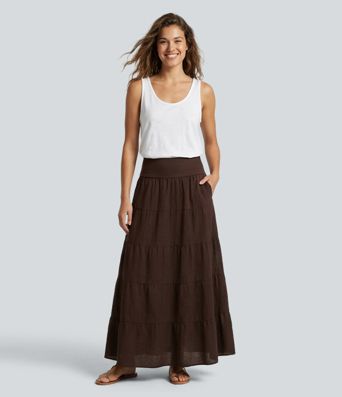 Mid Rise Maxi Flowy Casual Tiered Skirt with Pockets