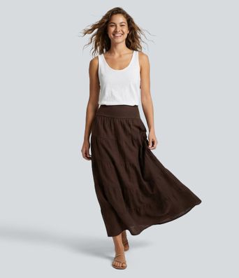 Mid Rise Maxi Flowy Casual Tiered Skirt with Pockets