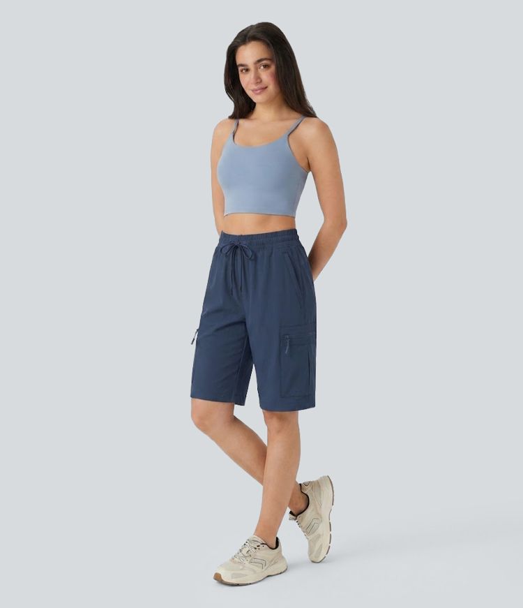 Mid Rise Drawstring Hiking Straight-leg Cargo Shorts with Pockets