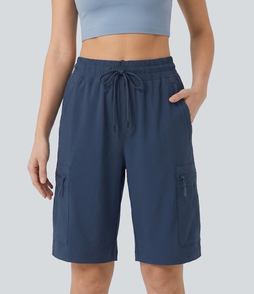 Mid Rise Drawstring Hiking Straight-leg Cargo Shorts with Pockets