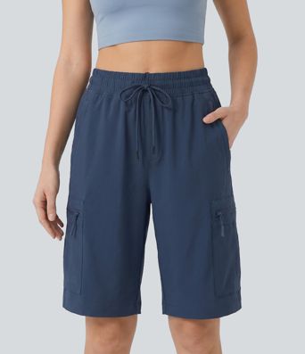 Mid Rise Drawstring Hiking Straight-leg Cargo Shorts with Pockets