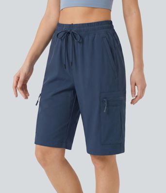 Mid Rise Drawstring Hiking Straight-leg Cargo Shorts with Pockets