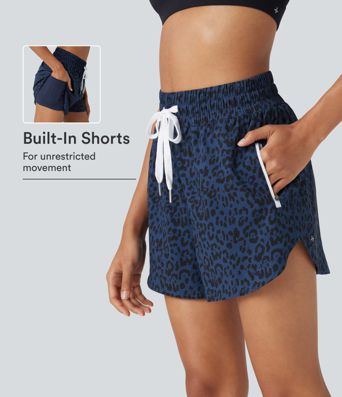 High Waisted Drawstring Curved Hem Leopard Print 2-in-1 Workout Shorts with Pockets