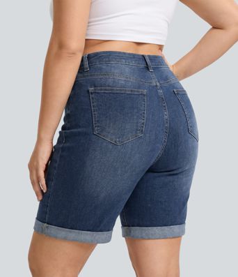 Halara Flex™ Augstās vidukļa sieviešu šorti ar vairākām kabatām, ar salocītu apakšmalu, izmazgātas, elastīgas, adītas džinsa, brīvā laika, plus izmēra