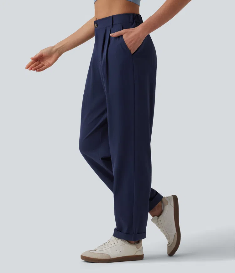 Mid Rise Pleated Rolled Hem 7/8 Stretchy Poplin Casual Tapered Pants with Pockets
