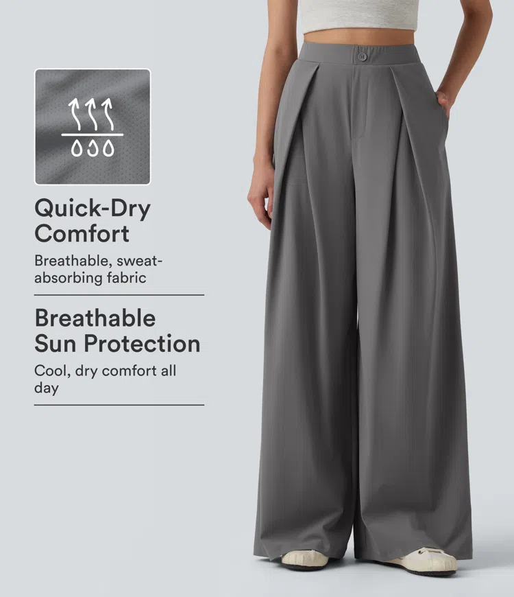 High Waisted Wide Leg Baggy Quick Dry Cool Touch Work Pants with Pockets-UPF40+