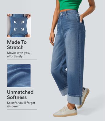 Halara Flex™ Hochgeschnittene Hose mit Taschen, Umgeschlagener Saum, Weites Bein, Gewaschene Lässige Jeans
