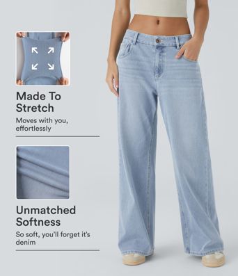 Halara Flex™ Low Rise Zipper Pockets Washed Baggy Wide Leg Casual Jeans Halara Flex™ Low Rise Zipper Pockets Washed Baggy Wide Leg Casual Jeans
