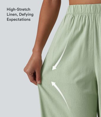 High Waisted Straight Leg 7/8 Casual Stretch Linen Pants with Pockets