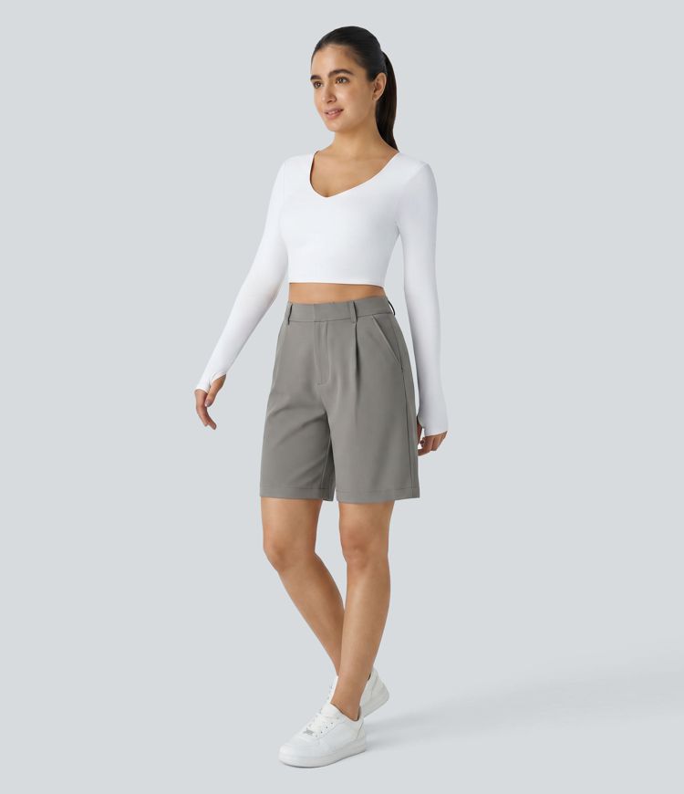 High Waisted Wide Leg Work Shorts with Pockets