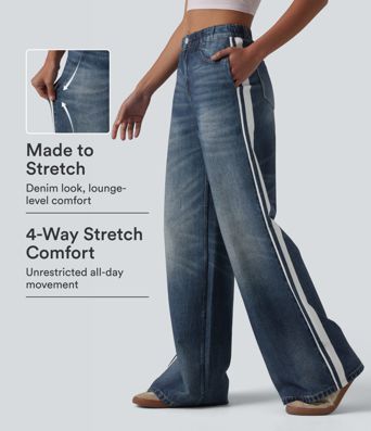 Mid Rise Denim Print French Terry Stripe Casual Sweatpants Jeans with Pockets Mid Rise Denim Print French Terry Stripe Casual Sweatpants Jeans with Pockets