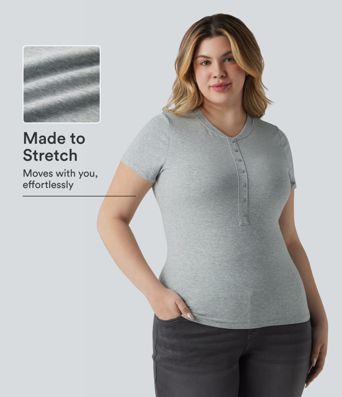 Halara Cotton Jersey Henley Short Sleeve Ultra-slim Casual Plus Size T-Shirt