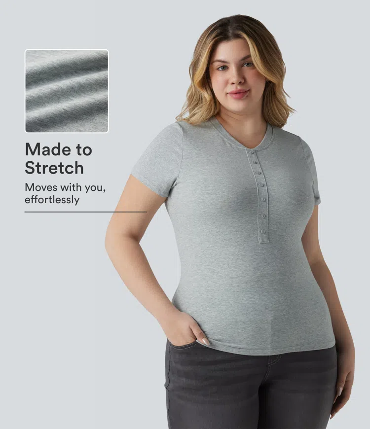Urban Mist T-shirt Henley manches courtes en coton, coupe ultra-ajustée, style décontracté, grande taille / 1