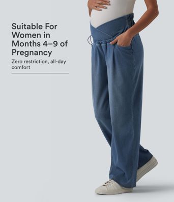 Halara Flex™ Crossover High Waisted Adjustable Drawcord Casual Maternity Baggy Jeans with Pockets