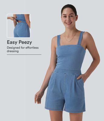 Halara Flex™ Denim Square Neck Sleeveless Casual Romper with Pockets-Easy Peezy