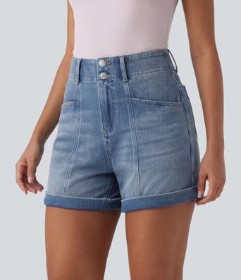 Halara Flex™ High Waisted Rolled Hem Denim Casual Shorts 4'' with Pockets