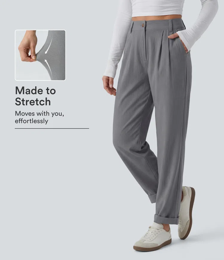 Obsidian Weave Mid Rise Casual Linen-Feel Pants with Pockets / 1