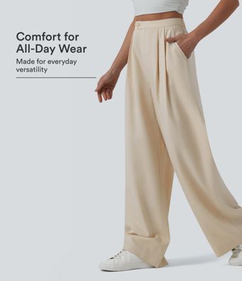 Pantalones casuales de lino de talle alto, con pliegues, pernera ancha, drapeados y fluidos, con bolsillos.