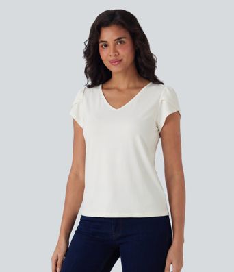 V Neck Petal Short Sleeve Casual T-Shirt