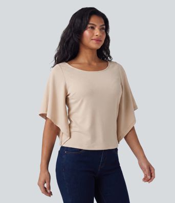 Round Neck Flounce 3/4 Sleeve Casual Blouse