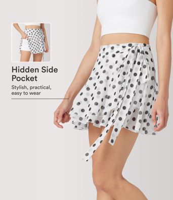 Jupe évasée micro‑mini en résille à pois, taille haute, 2 en 1, à nouer sur le côté, fluide, avec poche