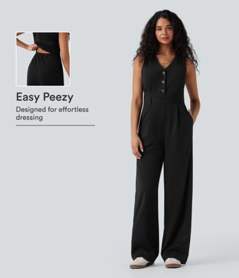 V-neck Sleeveless Casual Vest Jumpsuit with Pockets-Easy Peezy