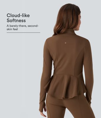 DayStretch Stand Collar Zipper Thumb Hole Ruffle Hem Slim Jacket with Pockets