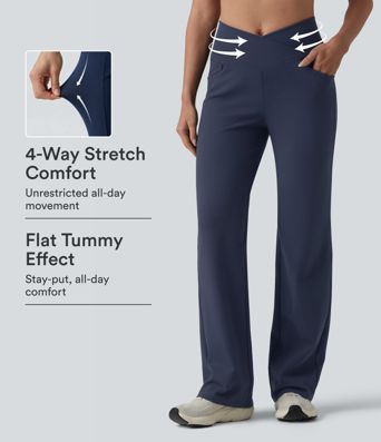 DayStretch çapraz detaylı yüksek bel, karın toparlayıcı etkili düz paça yoga pantolonu, cepli.