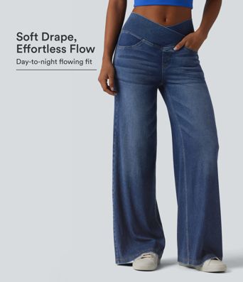 Halara Flex™ Crossover High-Waist, drapierte Lyocell-Baggy-Jeans im Washed-Look mit Taschen Halara Flex™ Crossover High-Waist, drapierte Lyocell-Baggy-Jeans im Washed-Look mit Taschen