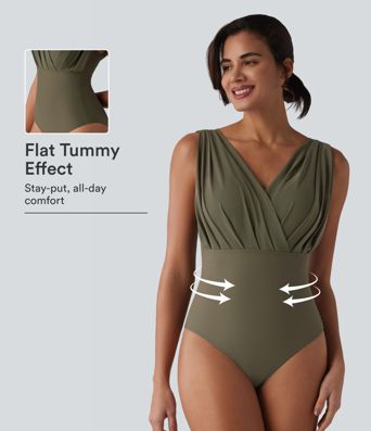 Bañador de una pieza con escote en V, sin mangas, con sujetador incorporado y control de abdomen Bañador de una pieza con escote en V, sin mangas, con sujetador incorporado y control de abdomen