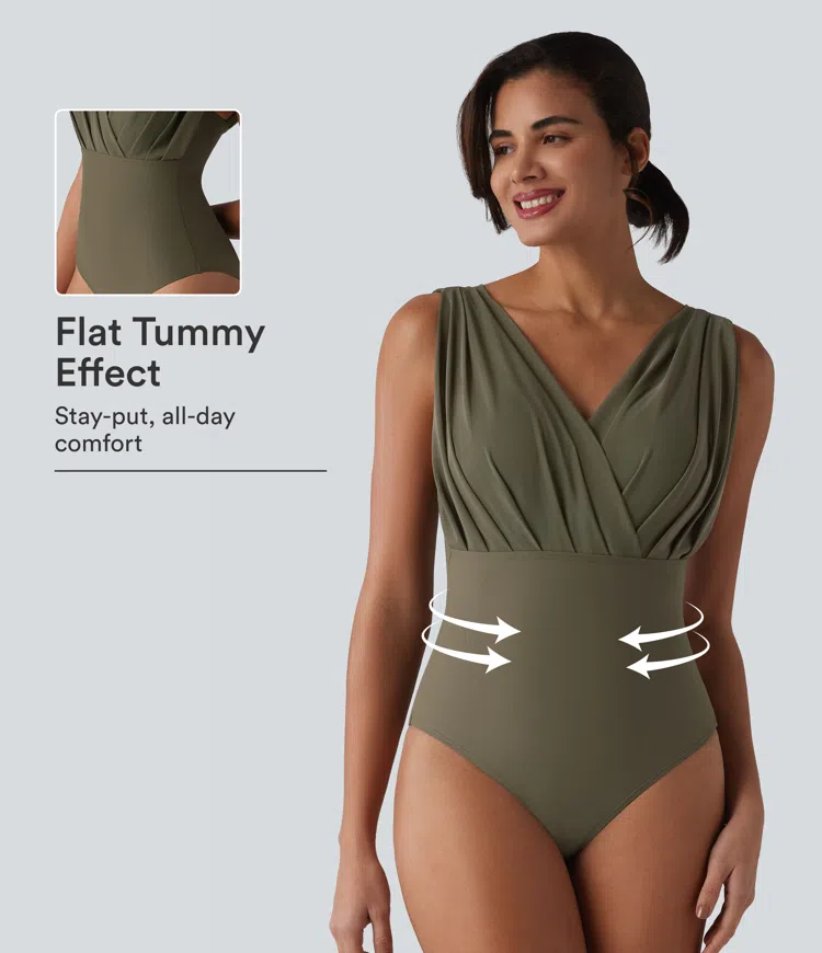 Maillot de bain une-pièce à encolure en V, sans manches, effet ventre plat, avec soutien-gorge intégré