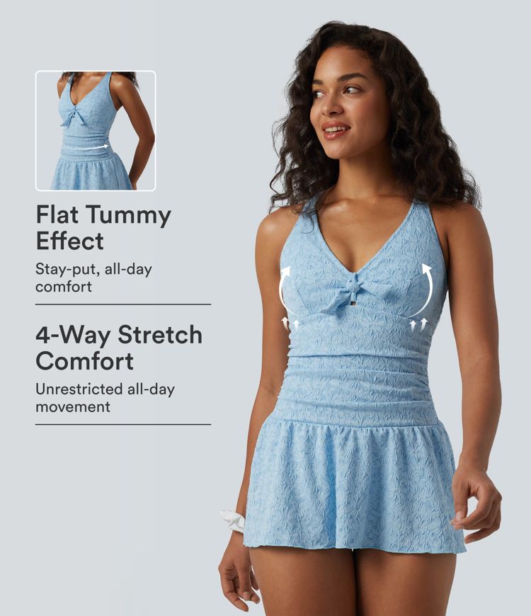 V-neck Tie-front Adjustable Straps Push-Up Tummy Control Ruched 2-in-1 Jacquard One-Piece Swimsuit V-neck Tie-front Adjustable Straps Push-Up Tummy Control Ruched 2-in-1 Jacquard One-Piece Swimsuit