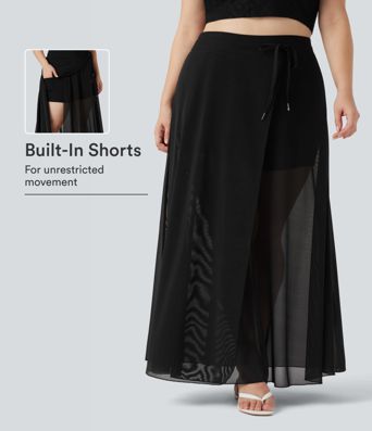 Plus Size High Waisted Drawstring Contrast Mesh 2-in-1 Flowy Maxi Skirt with Pockets Plus Size High Waisted Drawstring Contrast Mesh 2-in-1 Flowy Maxi Skirt with Pockets