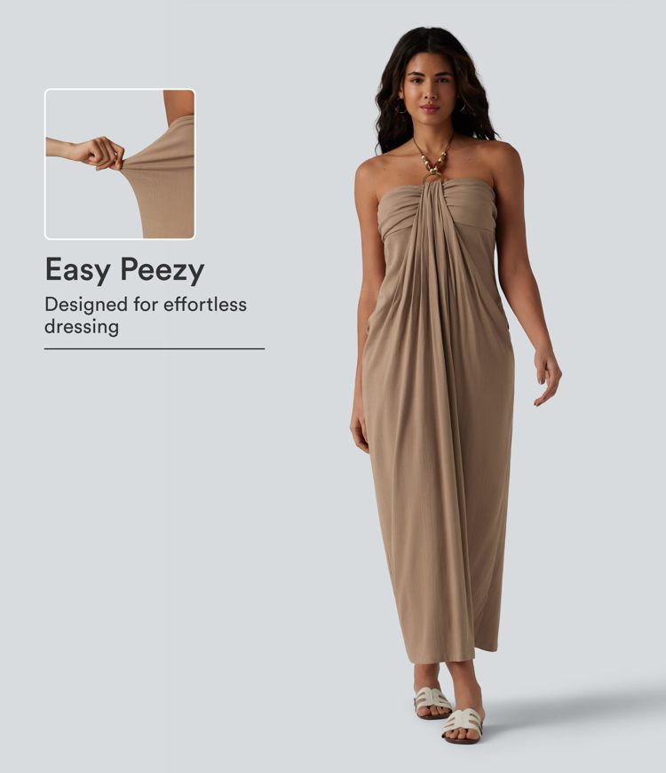 Halara Halter Tie Back Built-in Bra Maxi Resort Linen-Feel dress with Pockets Casual dress - Praline - S slip dress Beach dress ruched dress