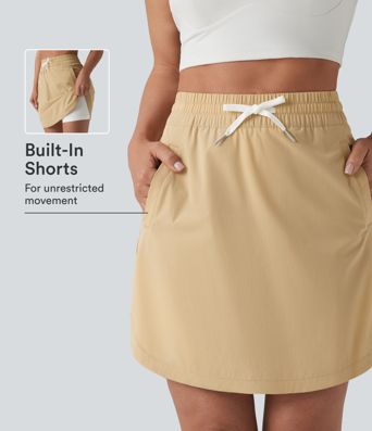 High Waisted Drawstring 2-in-1 Curved Hem Mini Golf Skirt with Pockets-Longer Length