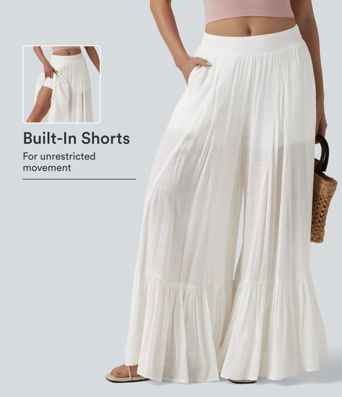 Mid Rise 2-in-1 Flowy Baggy Pants with Pockets