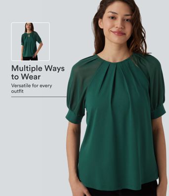 Round Neck Short Sleeve Casual Blouse-Front and Back Wearable
