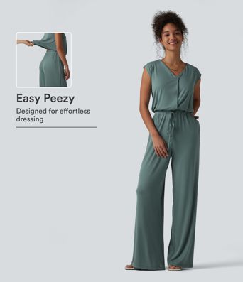 V-neck Sleeveless Drawstring Casual Jumpsuit with Pockets-Easy Peezy