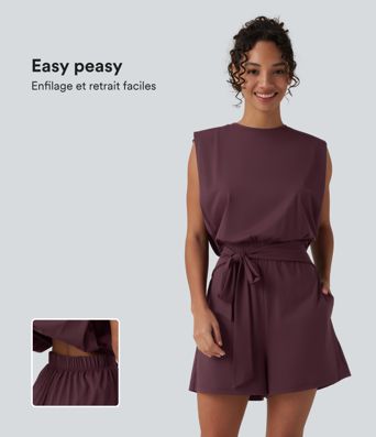 Combishort casual col rond sans manches toucher frais avec nœud frontal et poches – Easy Peasy – UPF 50+