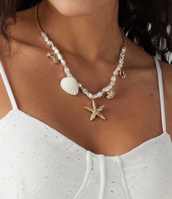 Starfish and Shell Pendant Pearls Necklace