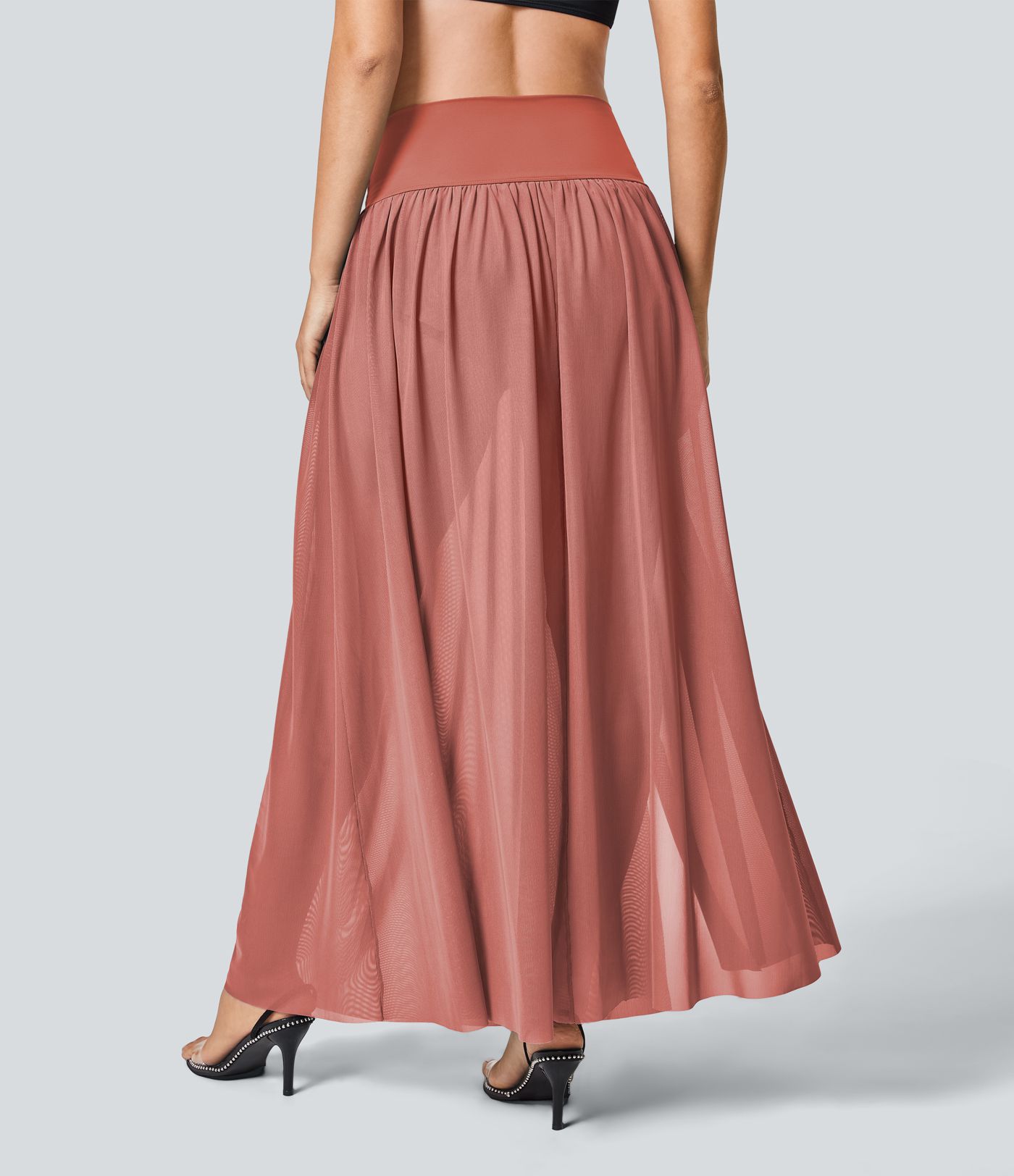 High Waisted 2-in-1 Mesh Flowy Maxi Casual Skirt