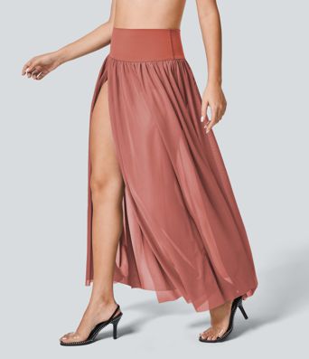 High Waisted 2-in-1 Mesh Flowy Maxi Casual Skirt