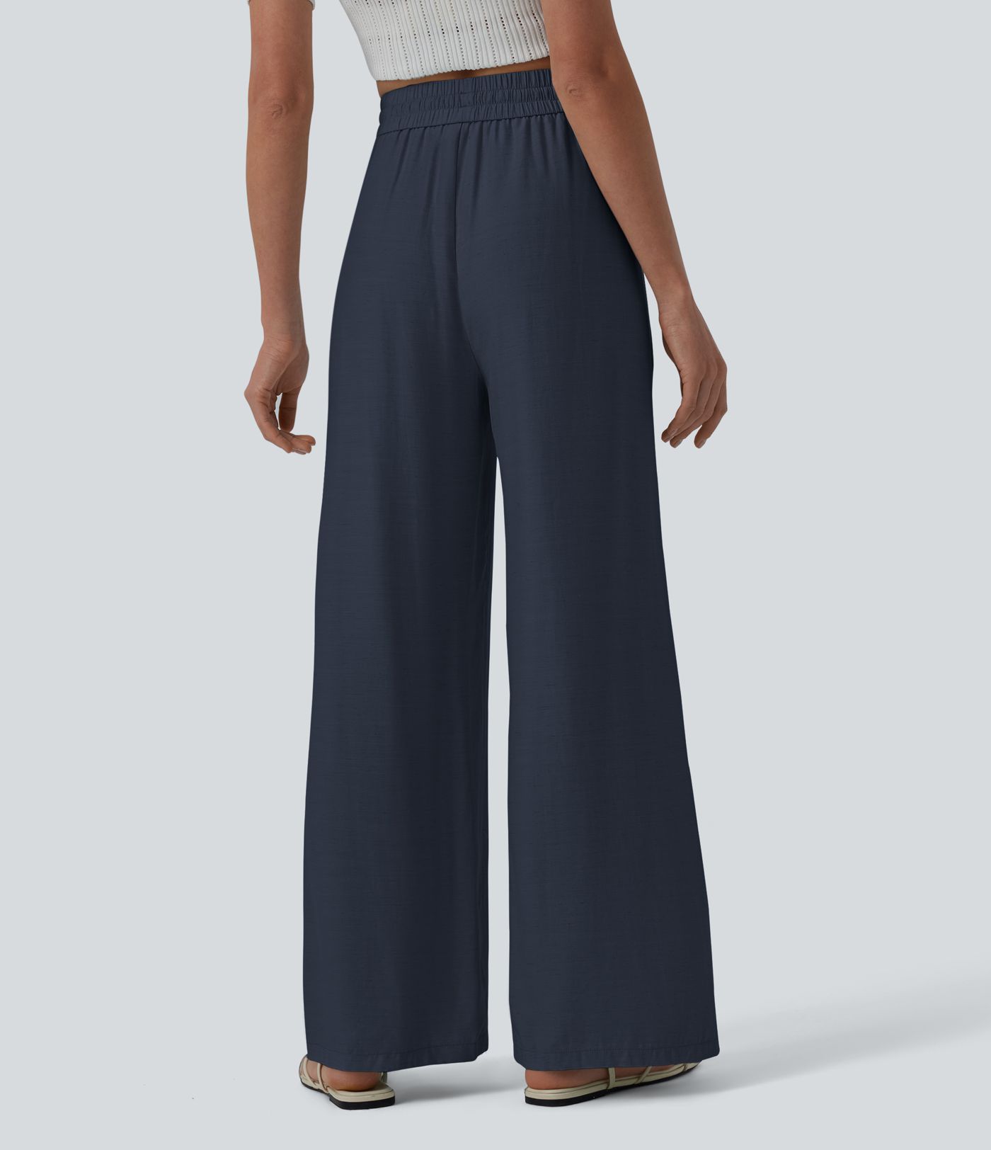 High Waisted Drawstring Wide Leg Casual Linen-Blend Pants with Pockets