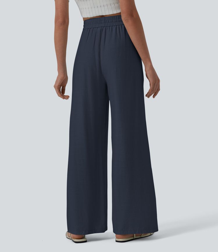 High Waisted Drawstring Wide Leg Casual Linen-Blend Pants with Pockets