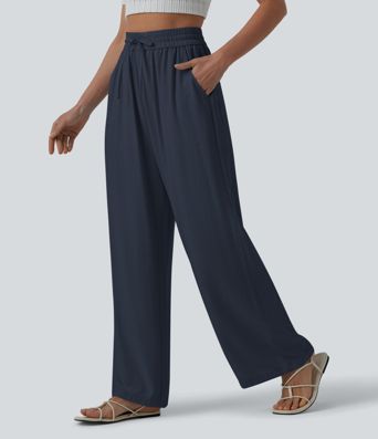 High Waisted Drawstring Wide Leg Casual Linen-Blend Pants with Pockets