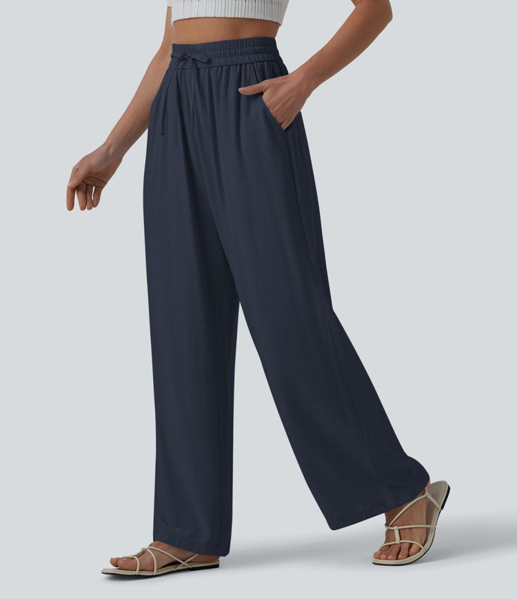 High Waisted Drawstring Wide Leg Casual Linen-Blend Pants with Pockets