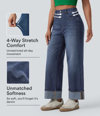 Halara Flex™ High Waisted Tummy Control Rolled Hem Wide Leg Washed Casual Jeans with Pockets